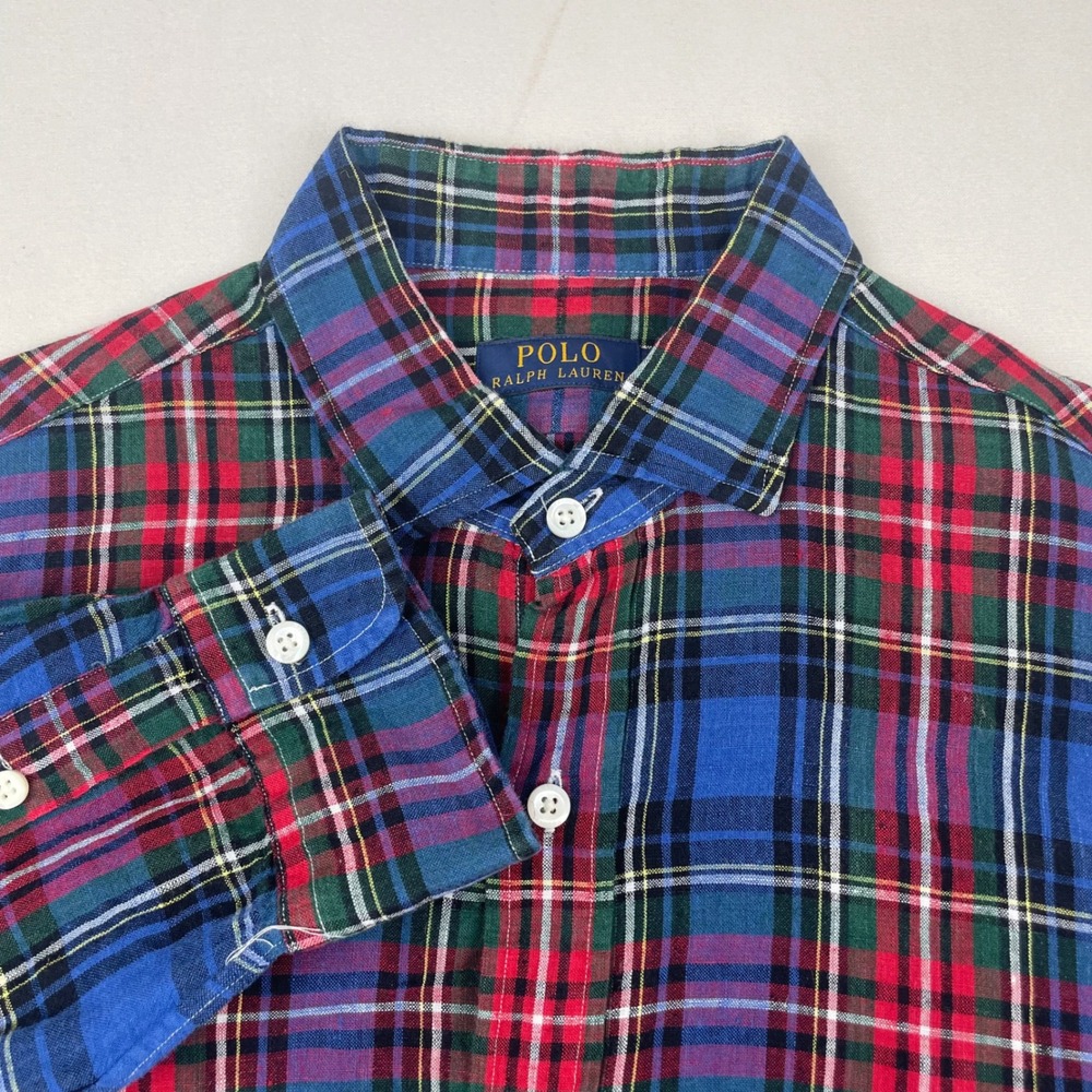 Polo Ralph Lauren Mens 100% Linen Plaid Button Down Shirt Large Blue Red Green